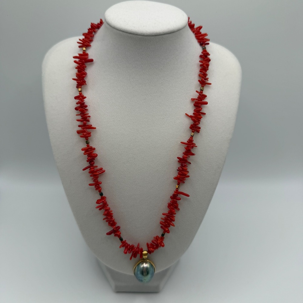 Red Coral Branch Necklace Natural Stick Bead Gold Filled Accent Coastal Beachy